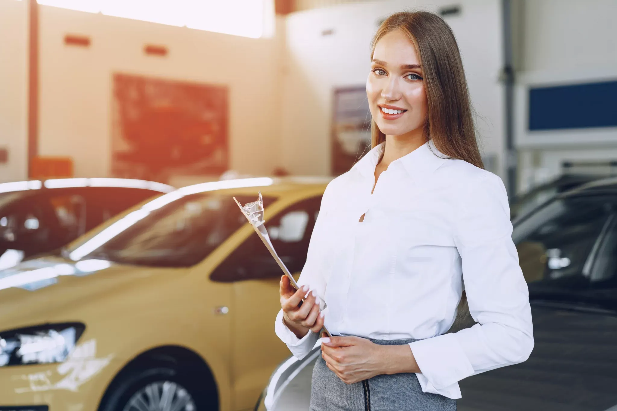 Ejecutiva sonriendo en un showroom de autos
